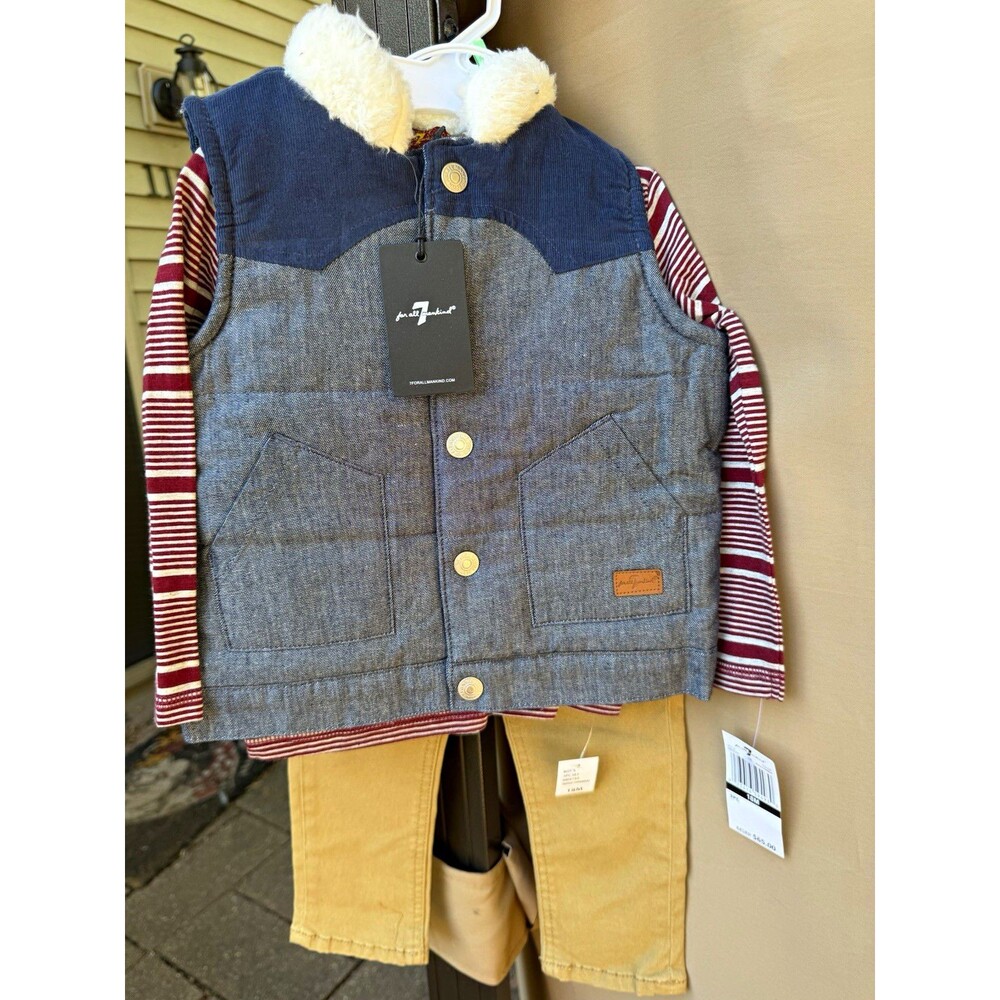 7 For All Mankind Boys 18M 3pc Vest Shirt Pants Set Chambray Striped Western